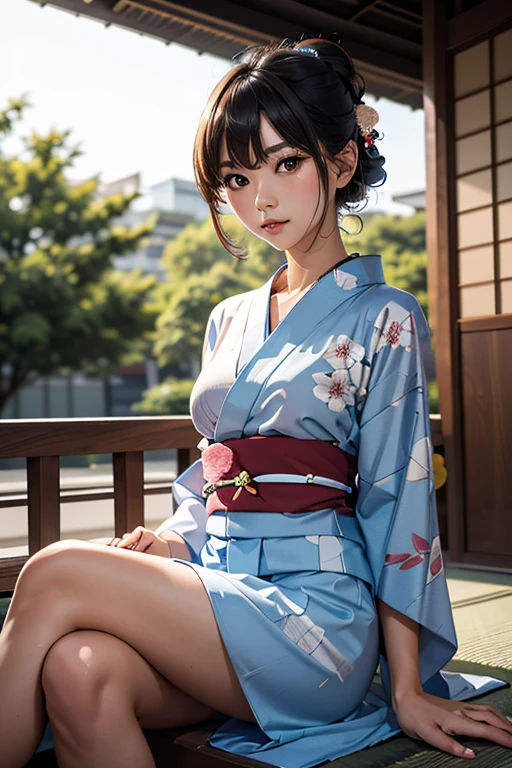 Japan woman, yukata with open breasts, cleavage, thighs visible