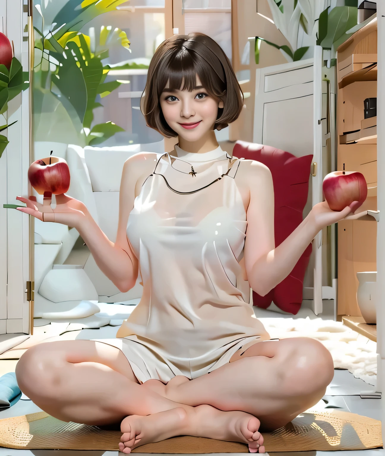 {{{Hold your hands out as if you were holding an apple::1.8}}},{{{Blunt bangs、short hair:1.6}}}},,{{Girl sitting on a mat and doing yoga poses:１８age:Double Eyes::smile}},, Sitting pose,{Tight tank top:See through}, Affectionate, Affectionate, gentle pose, Symmetrical pose, Full body pose, 