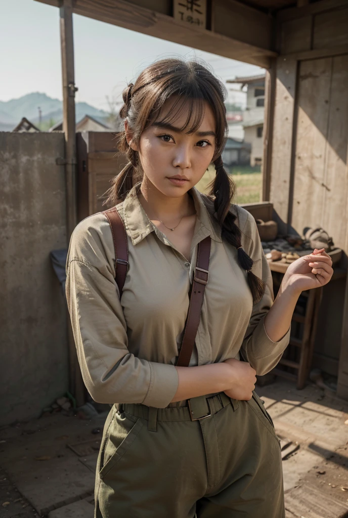 1girl, beautiful detailed female north korean woman, young, north korea, korea, east asia, north korean face, voluptuous, curvaceous, short, petite, thicc, thick thighs, busty, wide hips, natural, natural lashes, no makeup, glistening sweat, ager, ulzzang, cute face, thin face, skinny face, thin cheeks, tsundere, annoyed face, angry face, angry brows, frowning, small nose, thin eyes, thin lips, fully clothed, military clothing, baggy clothing, baggy pants, shirt collar, buttoned clothes, military harness, carrying military gear, rifle strap, wearing military pouches, arafed woman, north korean farmer, north korea harvest, north korea rural travel, north korean woman, traditional korea, rural north korea, in bed, makeshift bed, fields, impoverished, disheveled, farmer, farming, messy thick luscious hair, tied short hair, short hair, traditional hairstyle, cute hairstyle, cute haircut, bob cut with pigtails, detailed face, penetrating eyes, beautiful detailed lips, extremely detailed skin, detailed clothing, colorful clothing, (best quality,4k,8k,highres,masterpiece:1.2),ultra-detailed,(realistic,photorealistic,photo-realistic:1.37), natural lighting, warm color tones, cinematic composition