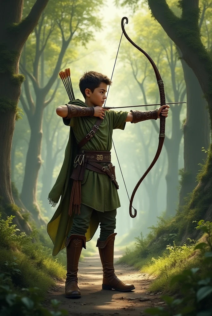 A young archer boy, slim and defined in Lord of the Rings style clothes