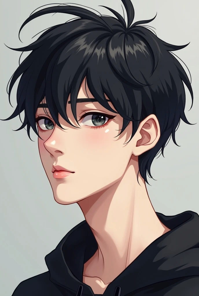 Black hair with an aesthetic cut and a little hair standing up that is a white boy 
