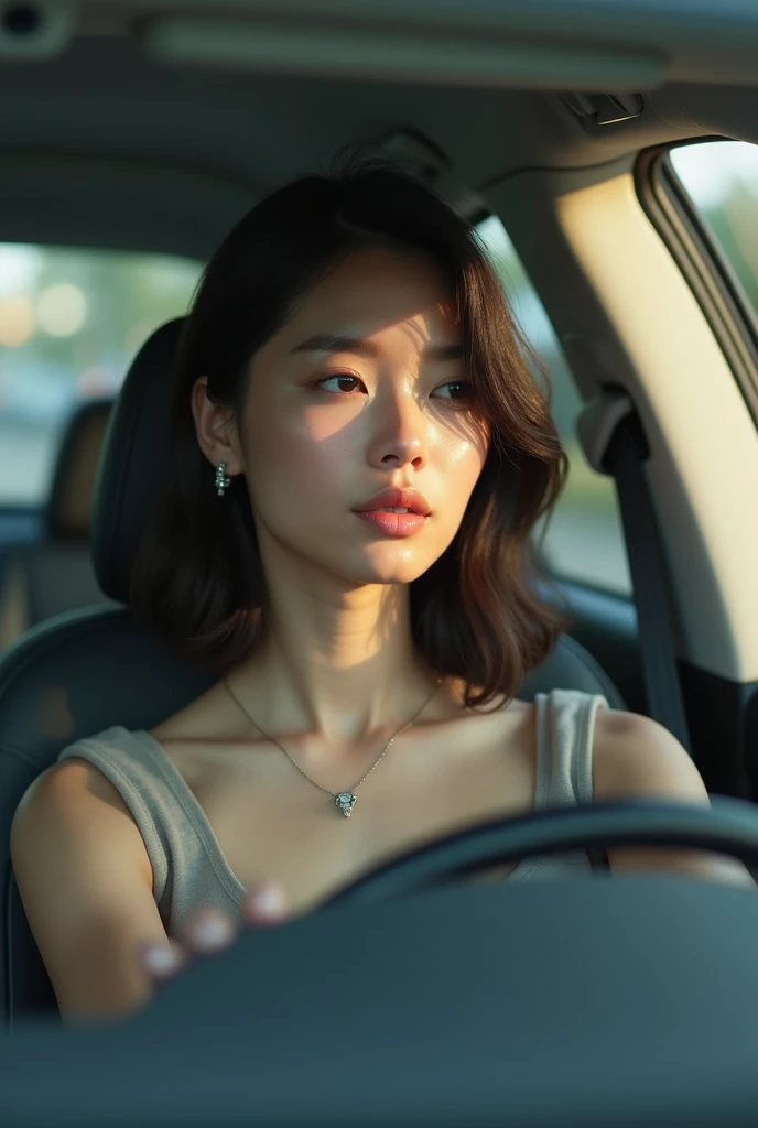 A young woman in her twenties with medium length hair a fair complexion with an attractive figure sitting in a car