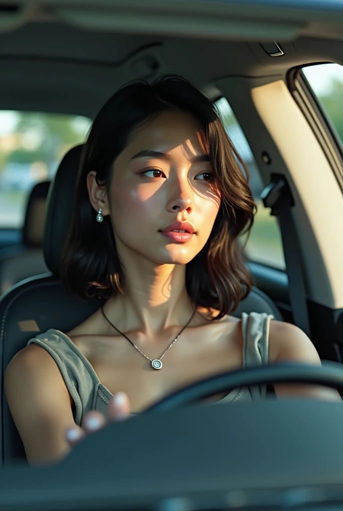 A young woman in her twenties with medium length hair a fair complexion with an attractive figure sitting in a car