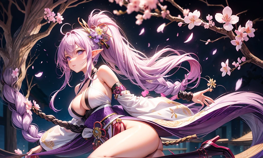 girl, , bright skin, long purple hair, braided into one ponytail, purple eyes, white yukata with open legs and sakura petals, slim, nice legs, black belt, black gloves, purple sakura flowers, purple long cloak, detailing,  ideal, red and black bracelets on legs and arms, wooden shoes with thick high heels, Kanzashi, big breasts, big ass, elf