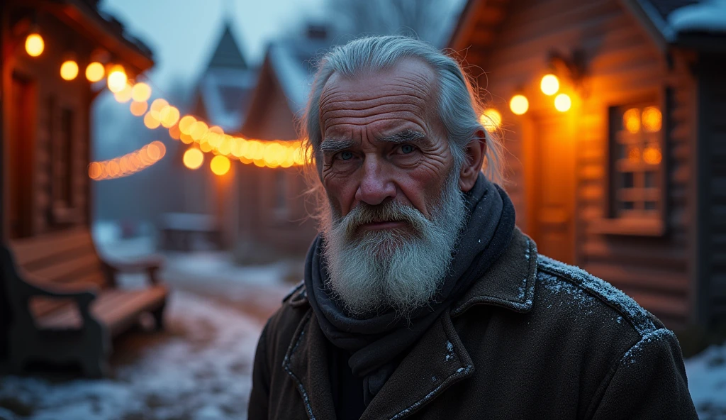 ancient russian man, looking directly at the camera, not at the center, clear facial features, bright colors, light particles, with bright light, Mushhiv, wallpaper art, UHD wallpapers, vivid atmosphere, near a house ancient village