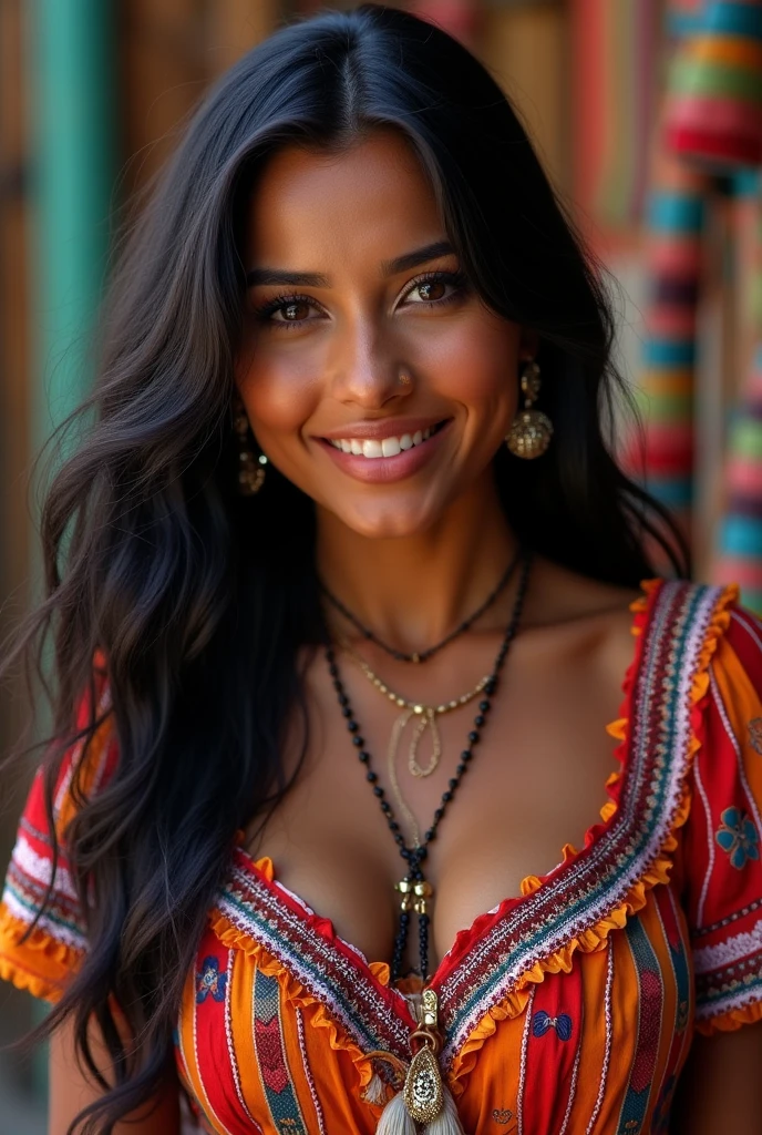 Realistic photograph of a beautiful flirtatious woman with dark skin and black hair, using the cholita paceña clothing, traditional from the department of La Paz in Bolivia.