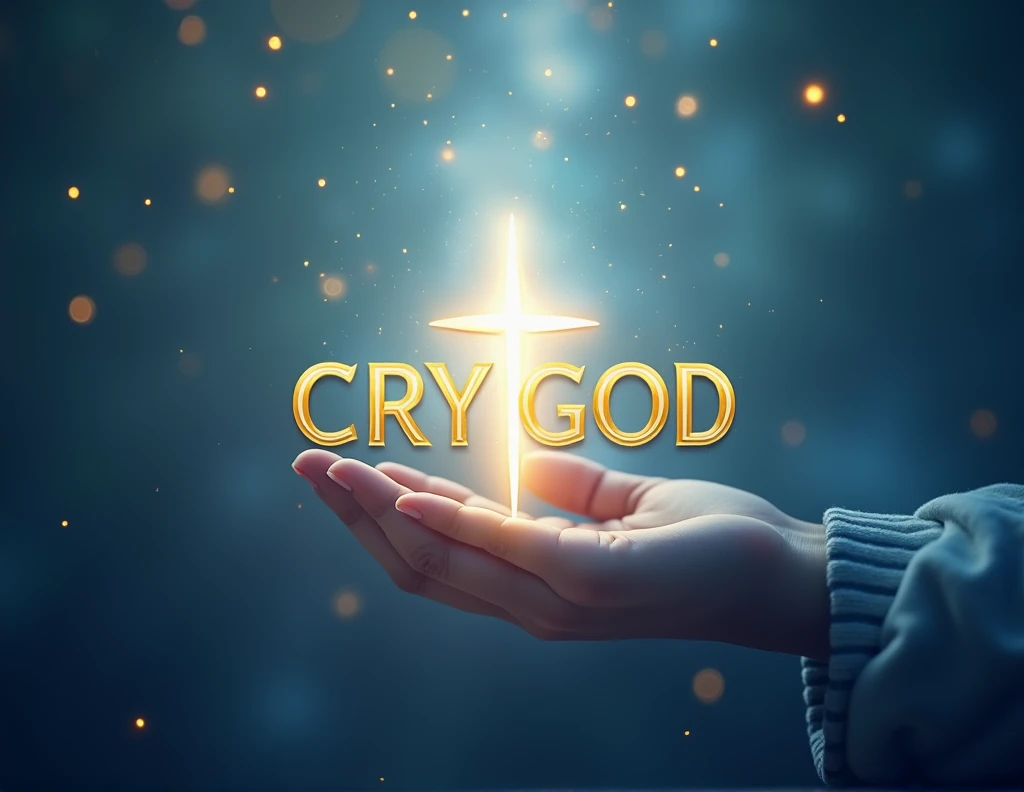 Create a logo for a channel called "Cry God". The logo must be visually appealing, modern and inspiring. Include elements that represent spirituality and divine connection, like a bright light, a subtle cross or praying hands. Use colors that convey calm and hope, like blue and gold, and include the name "Cry God" with an elegant and readable font. The design should be suitable for a video channel and work well as a strong, memorable visual brand..