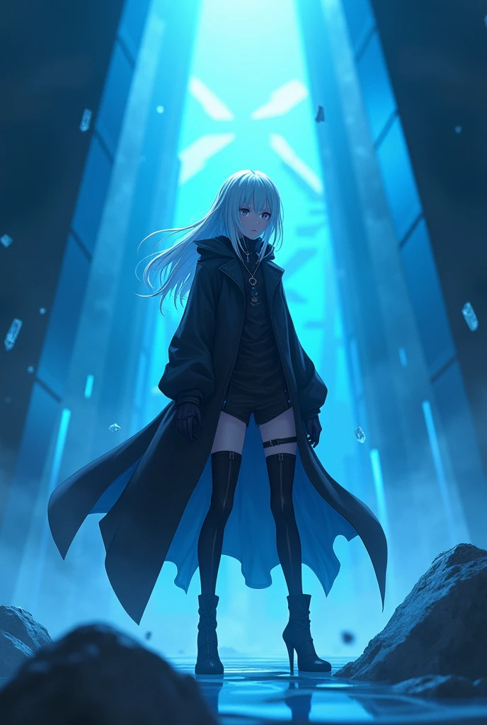 (anime screencap:1.2), Goth girl, Goth girl 1girl
Anime character with white hair standing in a blue geometric chamber, detailed shading, high resolution, cinematic lighting,
Combat stance, with one leg forward and hands ready,
Volumetric light beams cutting through the blue cubes,
Geometric patterns subtly overlaying the background,
Foggy atmosphere, with rays of light piercing through,
Crystalline reflections on the blue cubes