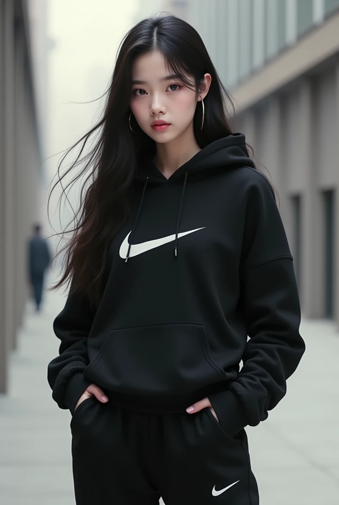 Une brune coréenne aux yeux bridés aux cheveux longs portant un sweat-shirt a capuche noir Nike et un pantalon noir Nike assorti,