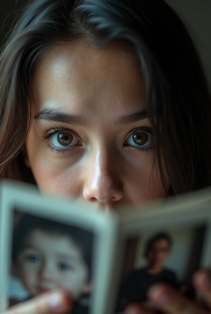 a close-up of a person’s eyes, rapidly flipping through photos, overwhelmed by memories flooding in.