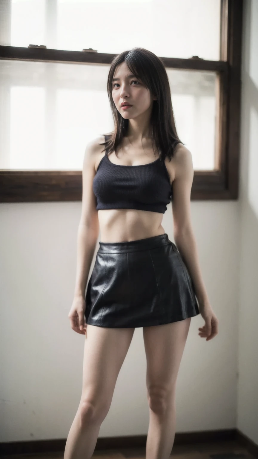 ((1girl)), woman, masterpiece, best quality, highest quality, cinematic lighting, (volumetric lighting), extremely detailed CG unity 8k wallpaper, focused, 8k wallpaper, extremely detailed, ultra realistic, photorealistic, sharp focus, absurdres, (HDR:1.2), (high contrast), photograph, detailed and intricate, instagram, portrait, highly detailed, digital painting, artstation, concept art, smooth, sharp focus, illustration, cinematic lighting, (big breast:1.3), (((skinny, slim legs))), (japanese idol posture), (wearing knit strap tanktop, micro skirt, open legs), looking at the viewer, ((Medium body shot, hips level shot)), long hair, (standing and bent legs), pale skin:1.2, (