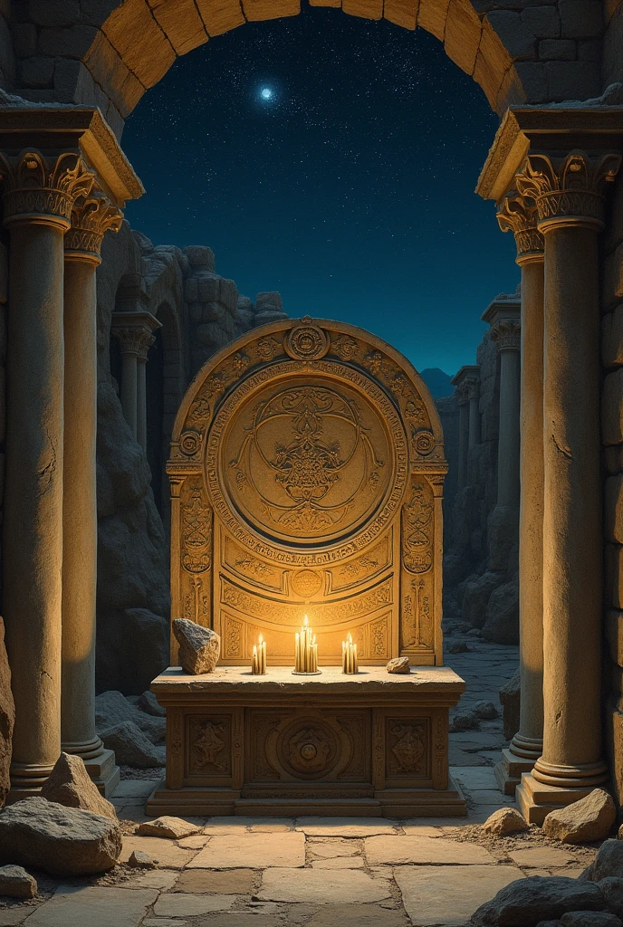 Ancient altar for astrology, oil painting style, ancient ruins, starry night sky, candlelight illuminating the scene, mystical atmosphere, intricate details, Renaissance art influence