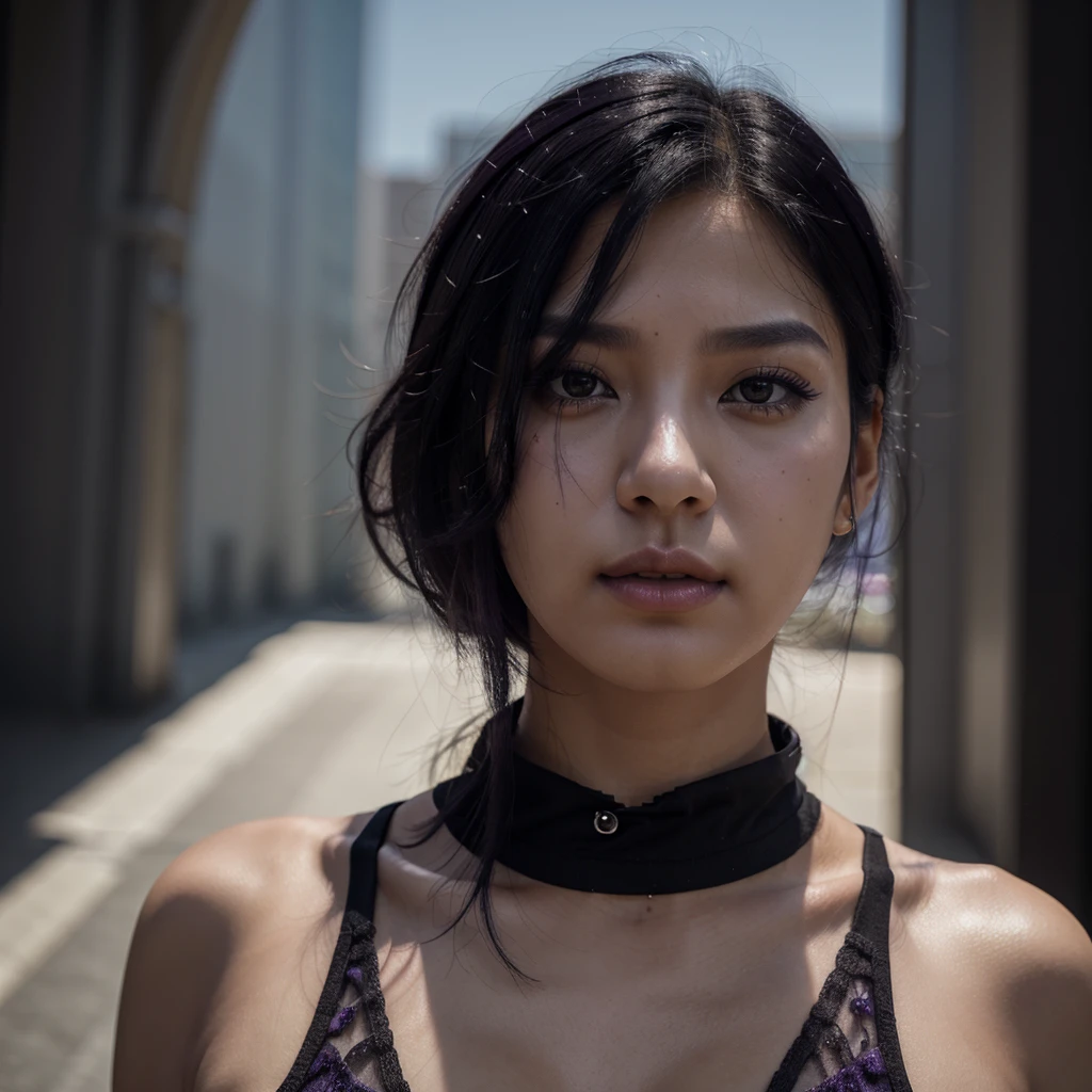 create an ultra realistic image of a 2 South Korean-American woman with purple and black hair, lower lip piercing, 8k hd