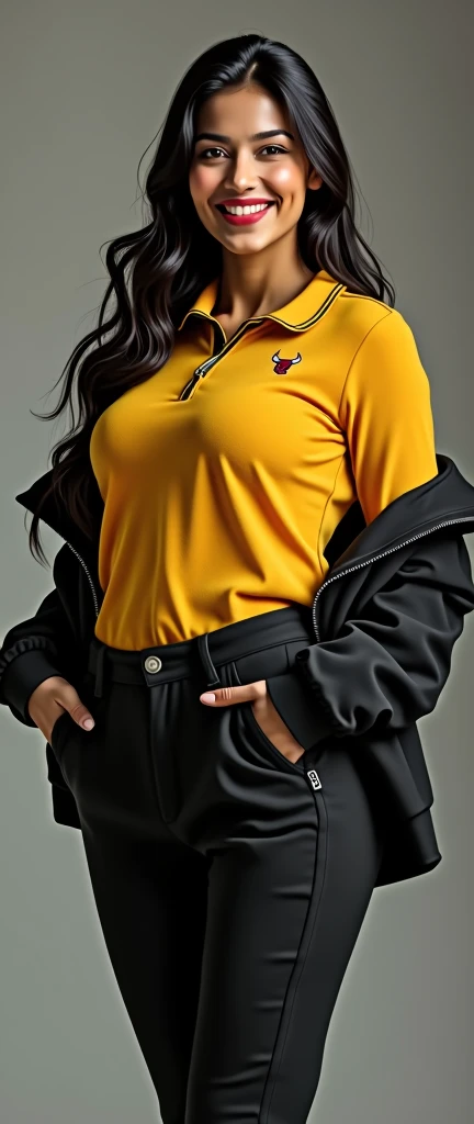 craft a hyper realistic full body length hourglass photo of north Indian beautiful face woman in her age 33, 38B cup breasts, Yellow Black polo neck Sweater and Black jeans slim fit ]] [ bob cut hair cut, full body pose, highly detailed, wearing Chicago Bulls Jordan hoodie jacket and tracks, cute smile, colorized, smooth, charming, pretty big sexy smile, red lipstick, soft lips, supple skin, attractive appearance, full body length photo with shoes.