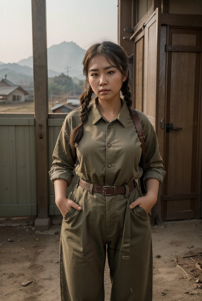 1girl, beautiful detailed female north korean woman, young, north korea, korea, east asia, north korean face, voluptuous, curvaceous, short, petite, thicc, thick thighs, busty, wide hips, natural, natural lashes, no makeup, glistening sweat, teenager, ulzzang, cute face, thin face, skinny face, thin cheeks, tsundere, annoyed face, angry face, angry brows, frowning, small nose, thin eyes, thin lips, fully clothed, military clothing, baggy clothing, baggy pants, shirt collar, buttoned clothes, military harness, carrying military gear, rifle strap, wearing military pouches, arafed woman, north korean farmer, north korea harvest, north korea rural travel, north korean woman, traditional korea, rural north korea, in bed, makeshift bed, fields, impoverished, disheveled, farmer, farming, messy thick luscious hair, tied short hair, short hair, traditional hairstyle, cute hairstyle, cute haircut, bob cut with pigtails, detailed face, penetrating eyes, beautiful detailed lips, extremely detailed skin, detailed clothing, colorful clothing, (best quality,4k,8k,highres,masterpiece:1.2),ultra-detailed,(realistic,photorealistic,photo-realistic:1.37), natural lighting, warm color tones, cinematic composition