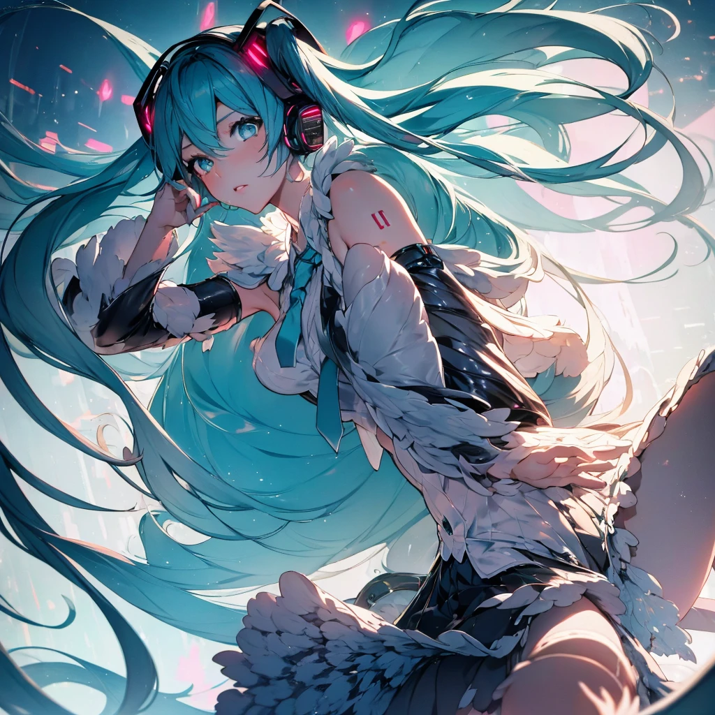 Hatsune miku,big bobs, detailed portrait, beautiful detailed eyes, beautiful detailed lips, extremely detailed face and skin, long eyelashes, anime girl, digital art, 3D render, colorful hair, cyberpunk, neon lights, glowing, atmospheric lighting, fantasy, dreamlike, vibrant colors, cinematic, masterpiece, best quality, 8k, hyper detailed, photorealistic