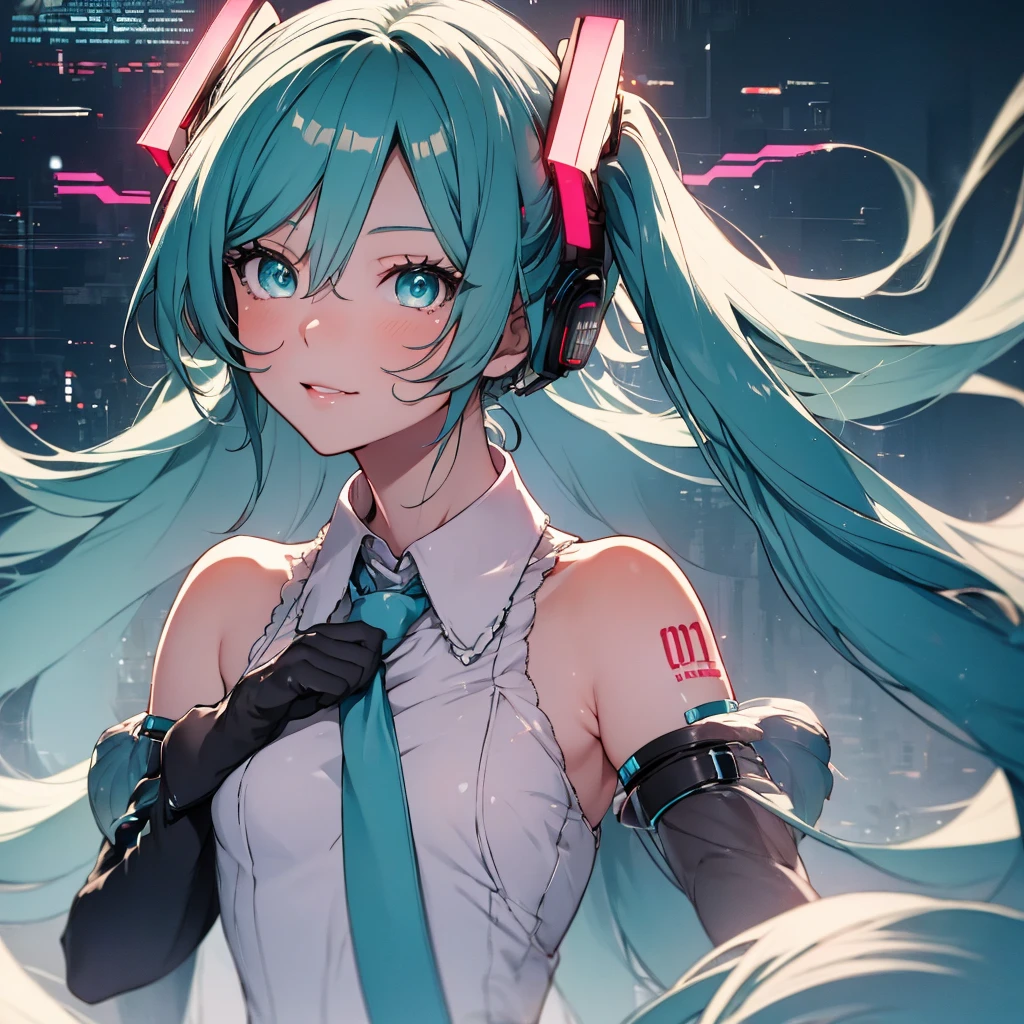 Hatsune miku,big bobs, detailed portrait, beautiful detailed eyes, beautiful detailed lips, extremely detailed face and skin, long eyelashes, anime girl, digital art, 3D render, colorful hair, cyberpunk, neon lights, glowing, atmospheric lighting, fantasy, dreamlike, vibrant colors, cinematic, masterpiece, best quality, 8k, hyper detailed, photorealistic