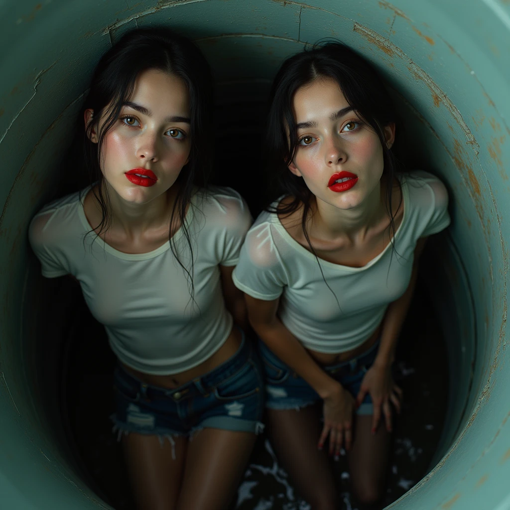 Identical twin sisters、masterpiece, sensation:1.0, to attract attention:1.2, Void background, age Girl,T-Shirts, Black latex stockings, cut off jean shorts, Sinking in the quagmire, Void background, Red lips, Inside the drain pipe