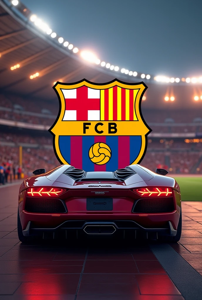 Create a background with the Barcelona symbol for the lock screen that conveys wealth and more wealth behind it ,for example the juventus stadium,a city landscape or some spanish luxury cars original club emblem with a car underneath and the barcelona symbol missing the car