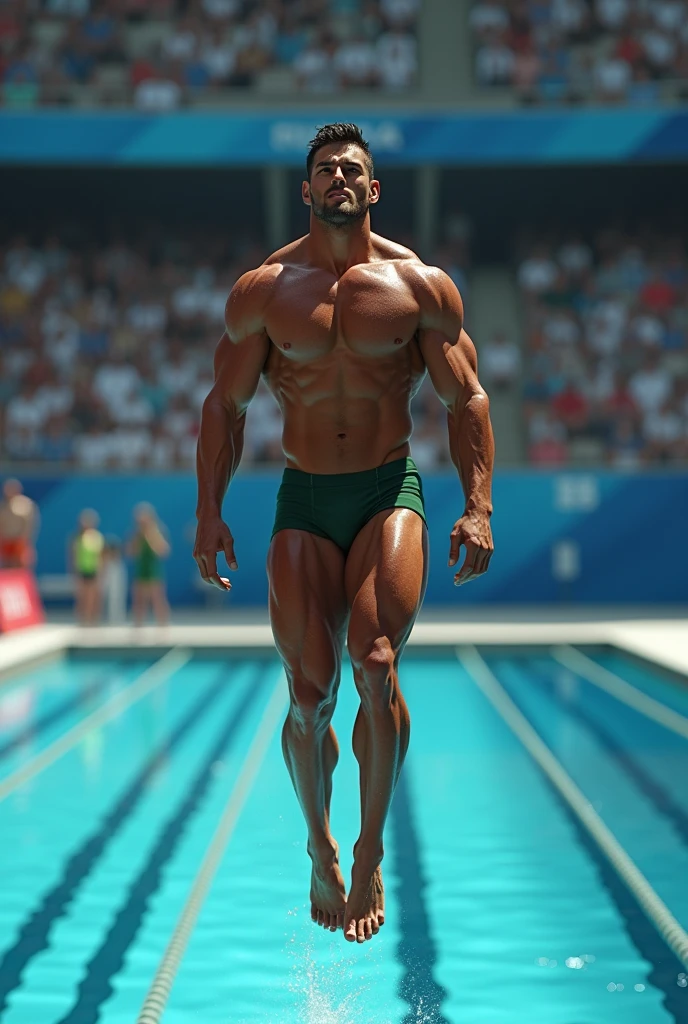 diver, muscular legs perfect feet, toned tanned slim body, very defined shoulders, round buttocks, Italian, Oval face, splattered nose, thin lips, straight nose, olive green eyes, menton corazon, very high, half-jump into the pool at the Olympics