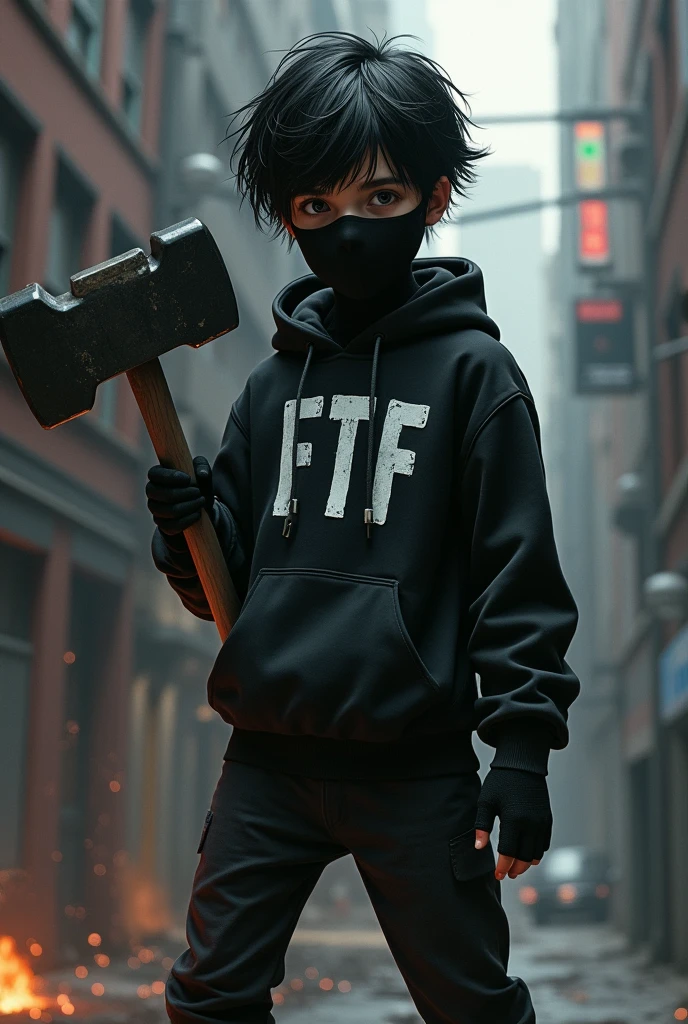 Boy in a black outfit with a black mask holding a sledgehammer with messy hair game style With an outfit that says "ftf" As a logo 