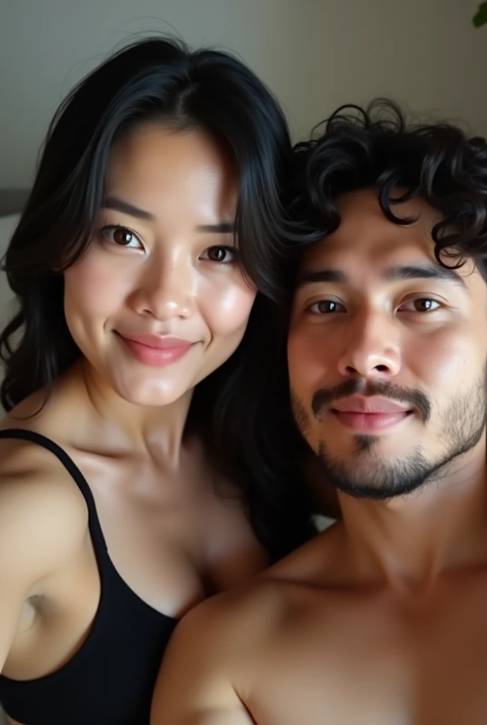 A realistic photo of three Thai siblings. (2 men, 1 woman) A sexy black-haired young woman in a black bra is taking a selfie and is clearly visible with her husband and lover., The three of them were excited about the situation and enjoyed the teasing., Another man sitting on the bed, hugging, kissing and passionately kissing. She looked very excited and her breasts were showing..,