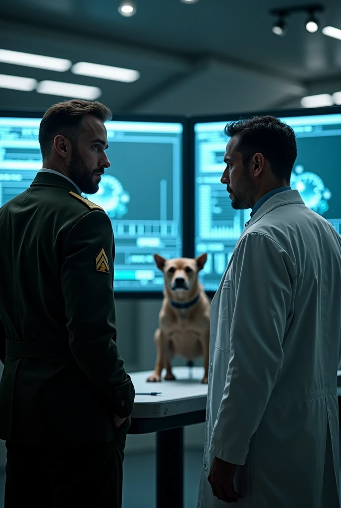 In a control room. One screen is a room with an alien dog-like creature strapped to an experiment table and another screen is displaying information and DNA data of the creature. . And that this is a male scientist . And a male army commander looking at the screens standing.  