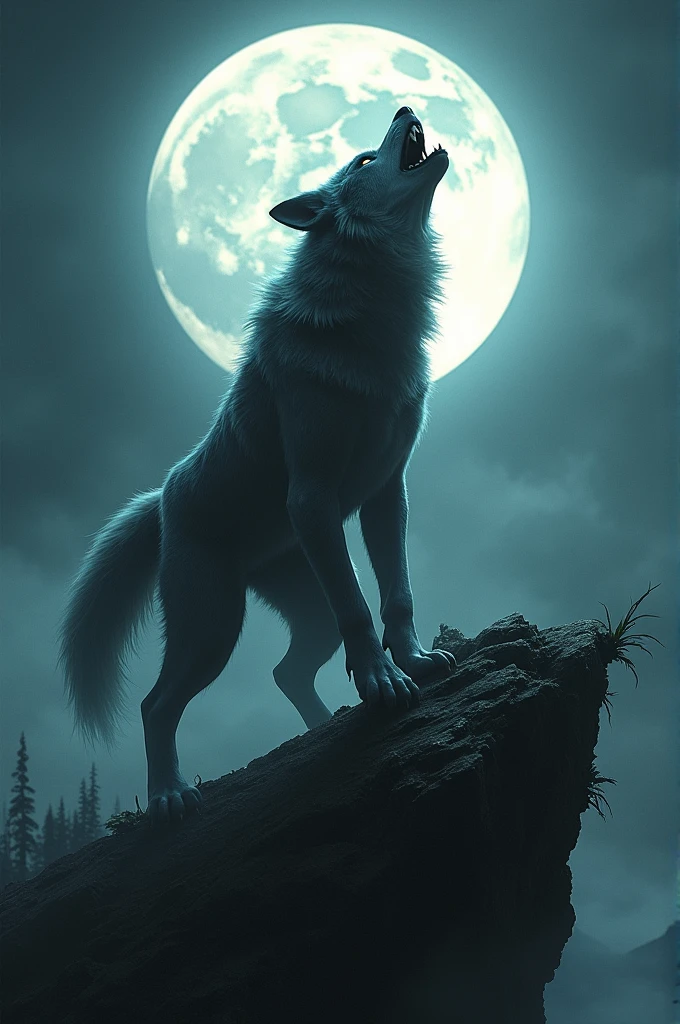 Female werewolf howling at the full moon while standing on two hind legs, with a piece of a man torn at his feet,on top of a cliff