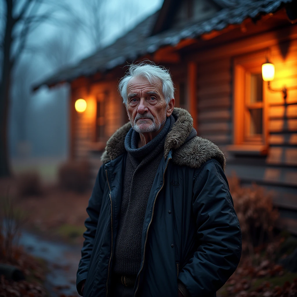 ancient russian man, looking directly at the camera, not at the center, clear facial features, bright colors, light particles, with bright light, Mushhiv, wallpaper art, UHD wallpapers, vivid atmosphere, near a house ancient village