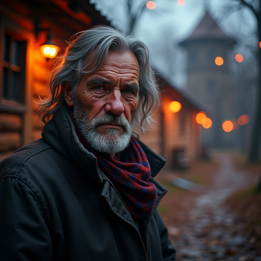 ancient russian man, looking directly at the camera, not at the center, clear facial features, bright colors, light particles, with bright light, Mushhiv, wallpaper art, UHD wallpapers, vivid atmosphere, near a house ancient village