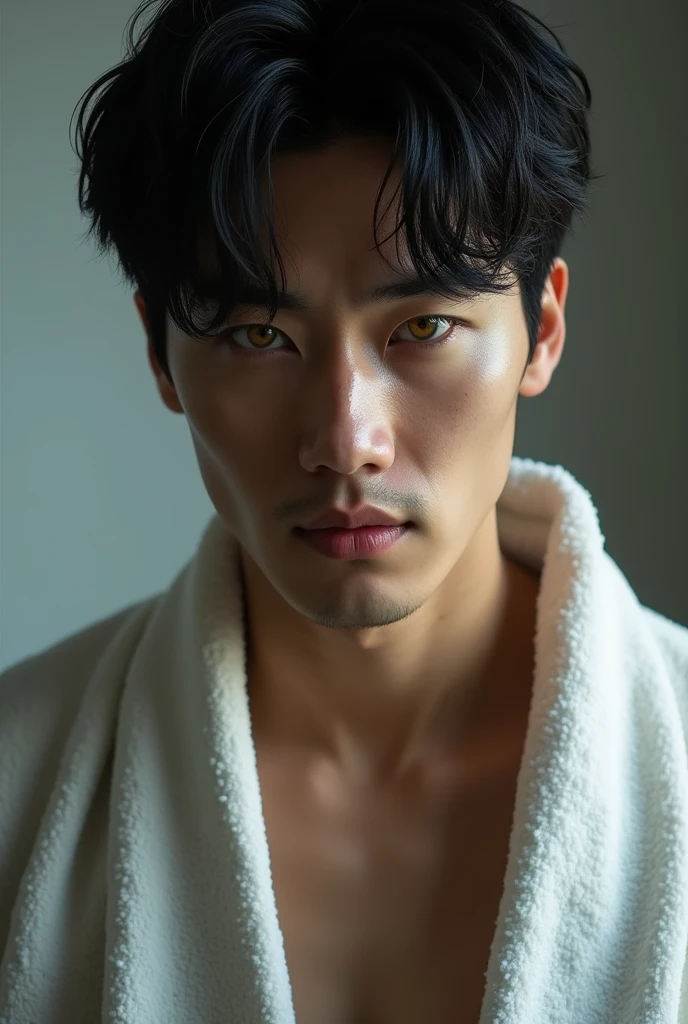 Korean man, black hair and yellow eyes, naked with a towel around his waist and staring straight ahead