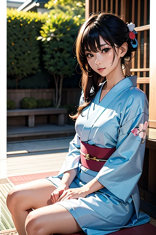 A woman in a yukata is sitting cross-legged。I'm in a floating sphere。. The yukata is Showa retro style. The sphere is made of water. delicate. Ultra-high performance. Abstract. wonderful. Fisheye Effect. The background is a dimly lit cave.. Everything is shrouded in mist.