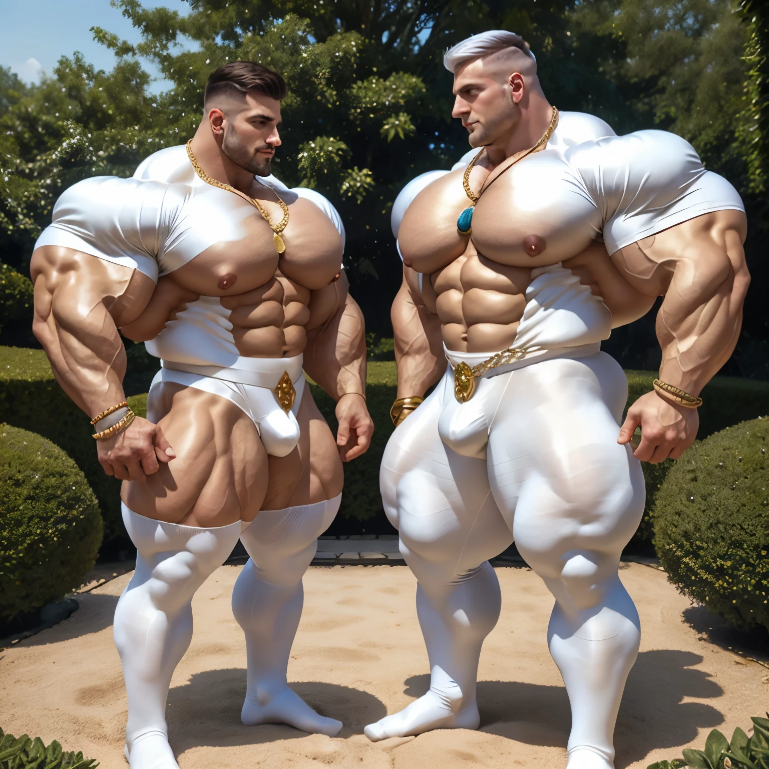 full view, full body, 2 big over-muscular bodybuilded white men with undercut haircuts, wearing regencey era silk clothing and white silk thigh-highs, in white silk shiny socks, No shoes, dozens of golden rings, necklaces, bracelets, white Shirts with laces unbuttoned showing over-inflated pecs and abs. Pierced nipples with gold rings and chains. shirt Sleeves extremly tight around big bulbous over-inflated biceps. Handsome. Looking at each other. Nearly touching pecs . Standing in an elaborate garden 'à la française', . white silky socks must be seen