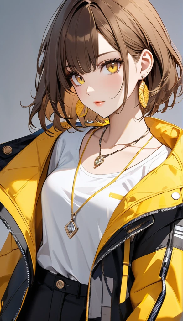 best quality, excellent_Beautifully, beautiful, 8K, Brown hair, yellow eyes, short bobbed hair ,jacket, earrings, Necklace, concept