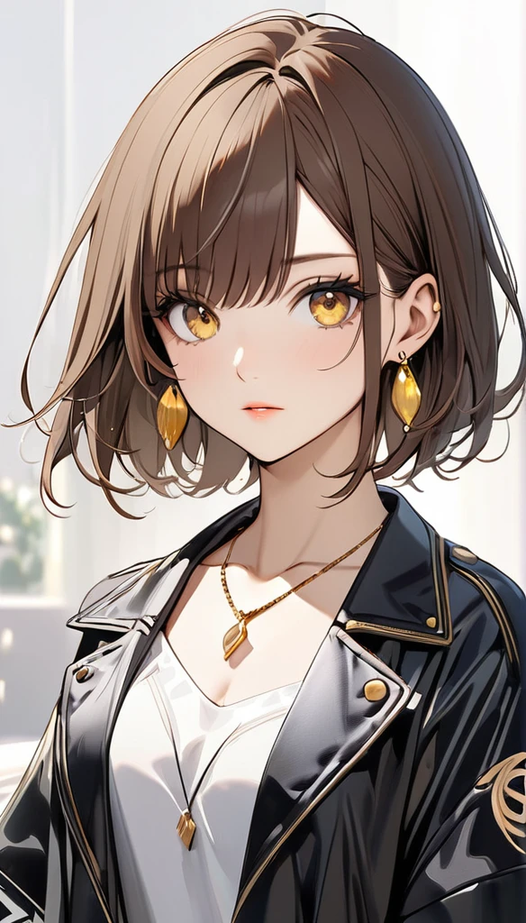 best quality, excellent_Beautifully, beautiful, 8K, Brown hair, yellow eyes, short bobbed hair ,jacket, earrings, Necklace, concept