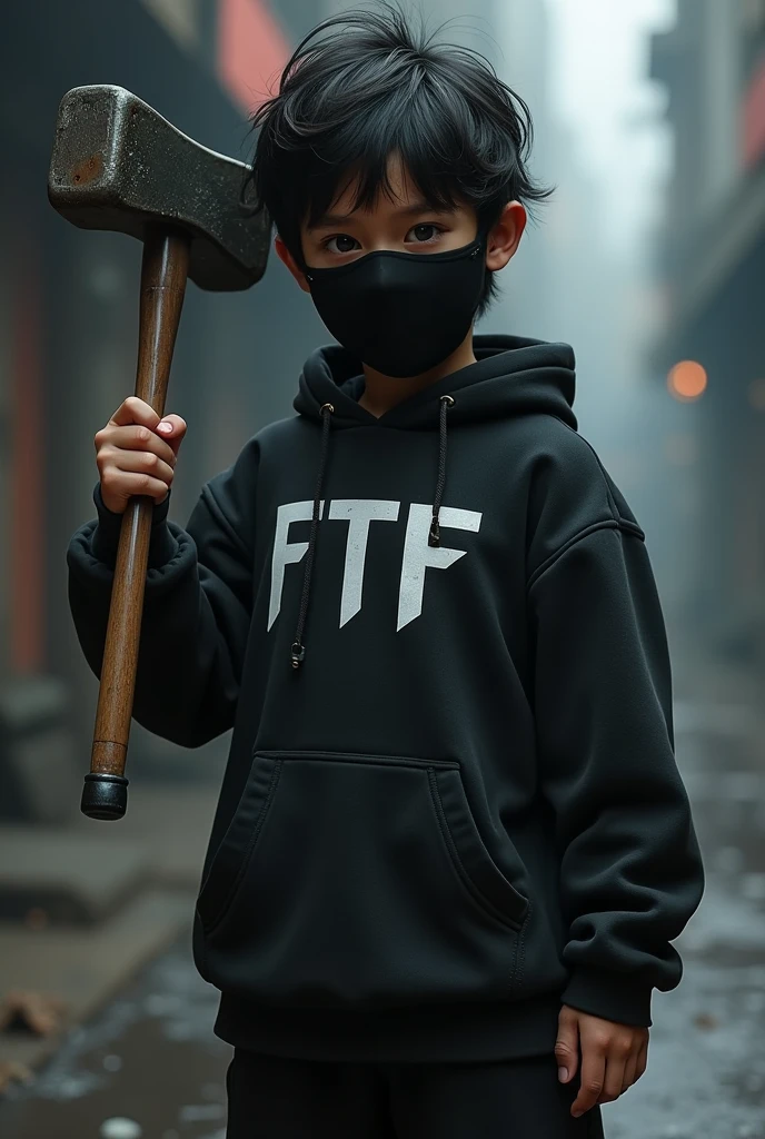 Boy in a black outfit with a black mask holding a sledgehammer with messy hair game style With an outfit that says "ftf" As a logo With a black mask covering his entire 