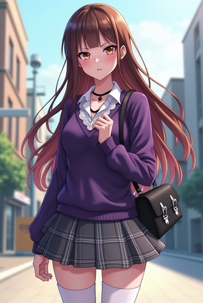 - Young girl with long hair, loose, brown color with reddish highlights and bangs.
- She wears a tight purple sweater with a white lace collar, on a white collared shirt.
- Short plaid skirt in grey tones.
- White thigh-high stockings and high platform shoes.
- She carries a black bag with metallic details and has a black necklace around her neck.
- Serious expression with blue eyes and slightly blushed cheeks.
-Tokyo revengers animation style.