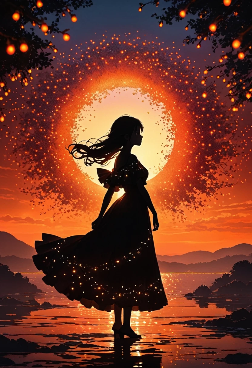 The image depicts a silhouette of a girl standing against a stunning sunset background. The sky transitions from a deep Orange  near the horizon to a deep red as it ascends. The figure appears to be enveloped in a series of tiny glowing fairy lights, some of which are illuminated, creating a stunning and captivating contrast to the dark silhouette. The figure appears to be holding out one arm, perhaps adjusting to or interacting with the lights. The overall mood of the image is peaceful and magical.