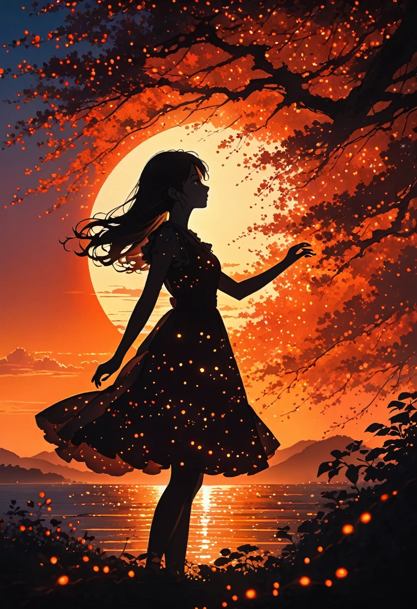 The image depicts a silhouette of a girl standing against a stunning sunset background. The sky transitions from a deep Orange  near the horizon to a deep red as it ascends. The figure appears to be enveloped in a series of tiny glowing fairy lights, some of which are illuminated, creating a stunning and captivating contrast to the dark silhouette. The figure appears to be holding out one arm, perhaps adjusting to or interacting with the lights. The overall mood of the image is peaceful and magical.