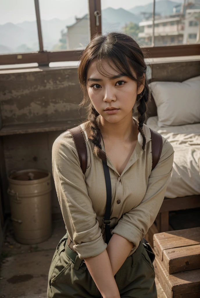 1girl, beautiful detailed female north korean woman, young, north korea, korea, east asia, north korean face, voluptuous, curvaceous, short, petite, thicc, thick thighs, busty, wide hips, natural, natural lashes, no makeup, glistening sweat, ager, ulzzang, cute face, thin face, skinny face, thin cheeks, tsundere, annoyed face, angry face, angry brows, frowning, small nose, thin eyes, thin lips, fully clothed, military clothing, baggy clothing, baggy pants, shirt collar, buttoned clothes, military harness, carrying military gear, rifle strap, wearing military pouches, arafed woman, north korean farmer, north korea harvest, north korea rural travel, north korean woman, traditional korea, rural north korea, in bed, makeshift bed, fields, impoverished, disheveled, farmer, farming, messy thick luscious hair, jet black hair, tied short hair, short hair, traditional hairstyle, cute hairstyle, cute haircut, bob cut with pigtails, detailed face, penetrating eyes, beautiful detailed lips, extremely detailed skin, detailed clothing, colorful clothing, (best quality,4k,8k,highres,masterpiece:1.2),ultra-detailed,(realistic,photorealistic,photo-realistic:1.37), natural lighting, warm color tones, cinematic composition