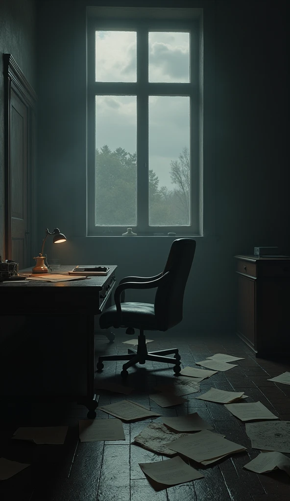 Hitler's empty office after his death, 1945, a somber and eerie scene, his desk with papers scattered, the room in disarray, dim lighting with shadows cast across the floor, a window showing a gray sky outside, hyper-realistic, photo realism, cinematography -- ar 9:16