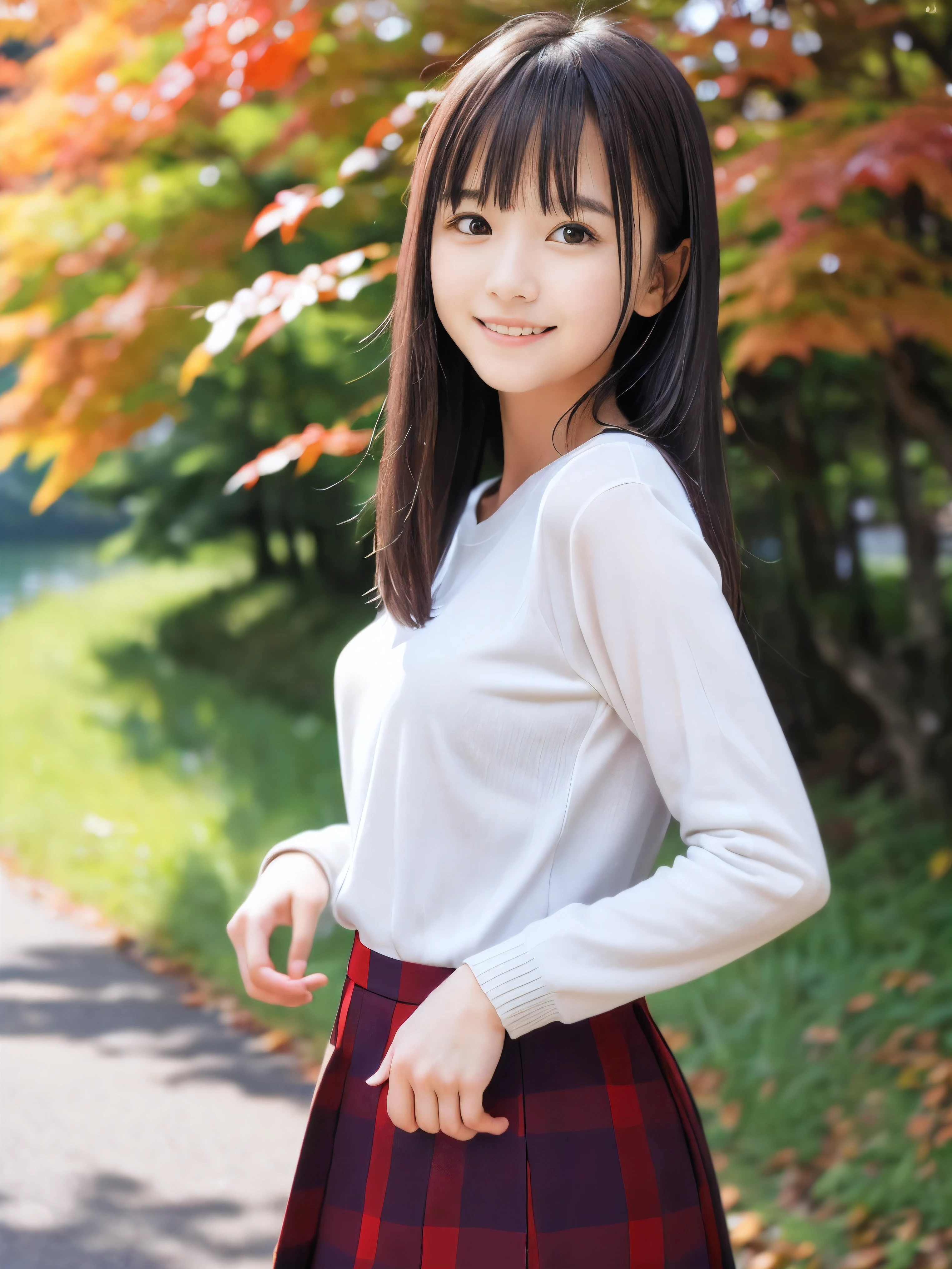 (Close up face shot of one slender small breasts half up brown long hair with bangs girl in a long sleeves shirt and sweater and skirt:1.5)、(One girl is dancing with happy smile on the dart road near the lake and big waterfall in Japan:1.5)、(Beautiful autumn red leaves landscpe:1.5)、(Natural light:1.5)、(8k ultra detailed master piece:1.5)、(perfect anatomy:1.5)、(Photorealistic stick:1.5)、(Raw photo:1.3)、(highest quality:1.5)、(High resolution:1.3)、(Delicate and beautiful perfect face:1.3)、(Delicate and beautiful eye air skin:1.3)、(Real Human Skin:1.3)、((thin legs))