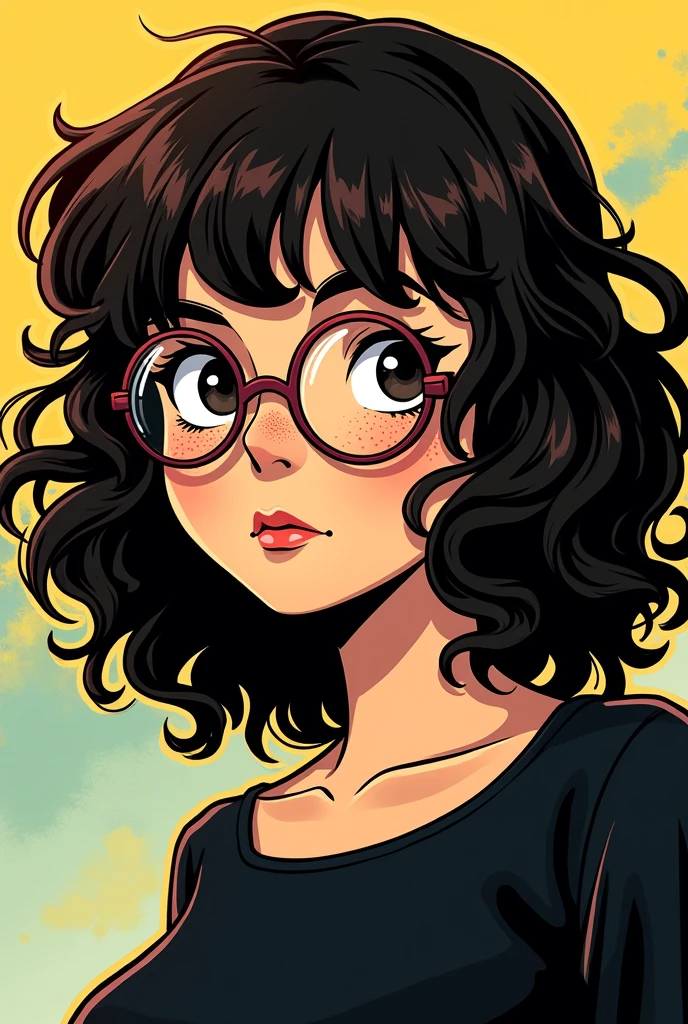 an image in the style of the scott pilgrim series, woman dark brown curly hair medium length with bangs, dark eyes fair skin with freckles, round glasses looking sideways, black blouse