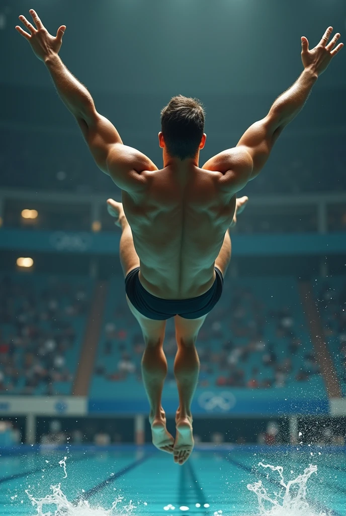 diver, muscular legs perfect feet, toned tanned slim body, very defined shoulders, round buttocks, Italian, Oval face, splattered nose, thin lips, straight nose, olive green eyes, menton corazon, very high, spinning in the air between the diving board and the pool at the Olympics
