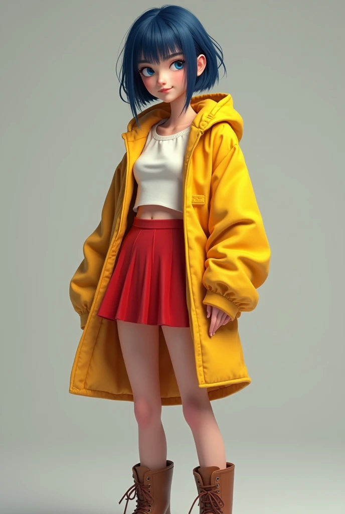 realistic style, 4k, best quality, 18 er old girl, european, blue eyes, rectangular face type, triangle body type, wearing yellow coat with hood backwards and a red ultra mini skirt above the knee, wearing brown leather women's shoes, dark blue hair with straight bangs and short haircut, realistic, 4k, best quality