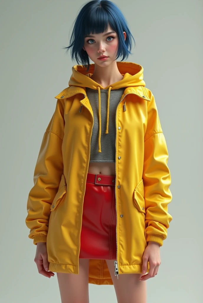 realistic style, 4k, best quality, 18 yaer old girl, european, blue eyes, rectangular face type, triangle body type, wearing yellow coat with hood backwards and a red ultra mini skirt above the knee, wearing brown leather women's shoes, dark blue hair with straight bangs and short haircut, realistic, 4k, best quality