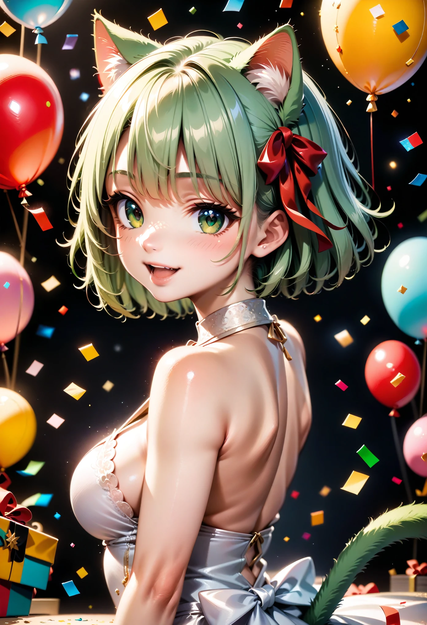 1 cat girl, emerald eyes, cat tail, cat ears, light green hair, short hair, smile, open mouth, cute, medium breasts, bare shoulders, red ribbon, (hair ribbon:1.1), dress, confetti, party, indoors, balloon, gorgeous, glitter, sharp focus, looking at viewer, upper body, (intricate:1.1), (light green tone:1.1), (light brown tone:0.9), (light green atmosphere:1.1), llustration, anime coloring, high contrast, BREAK (masterpiece:1.2), (best quality:1.2), (very aesthetic:1.2), (absurdres:1.2), (detailed background), newest, ai-generated, (intricate details:1.2),