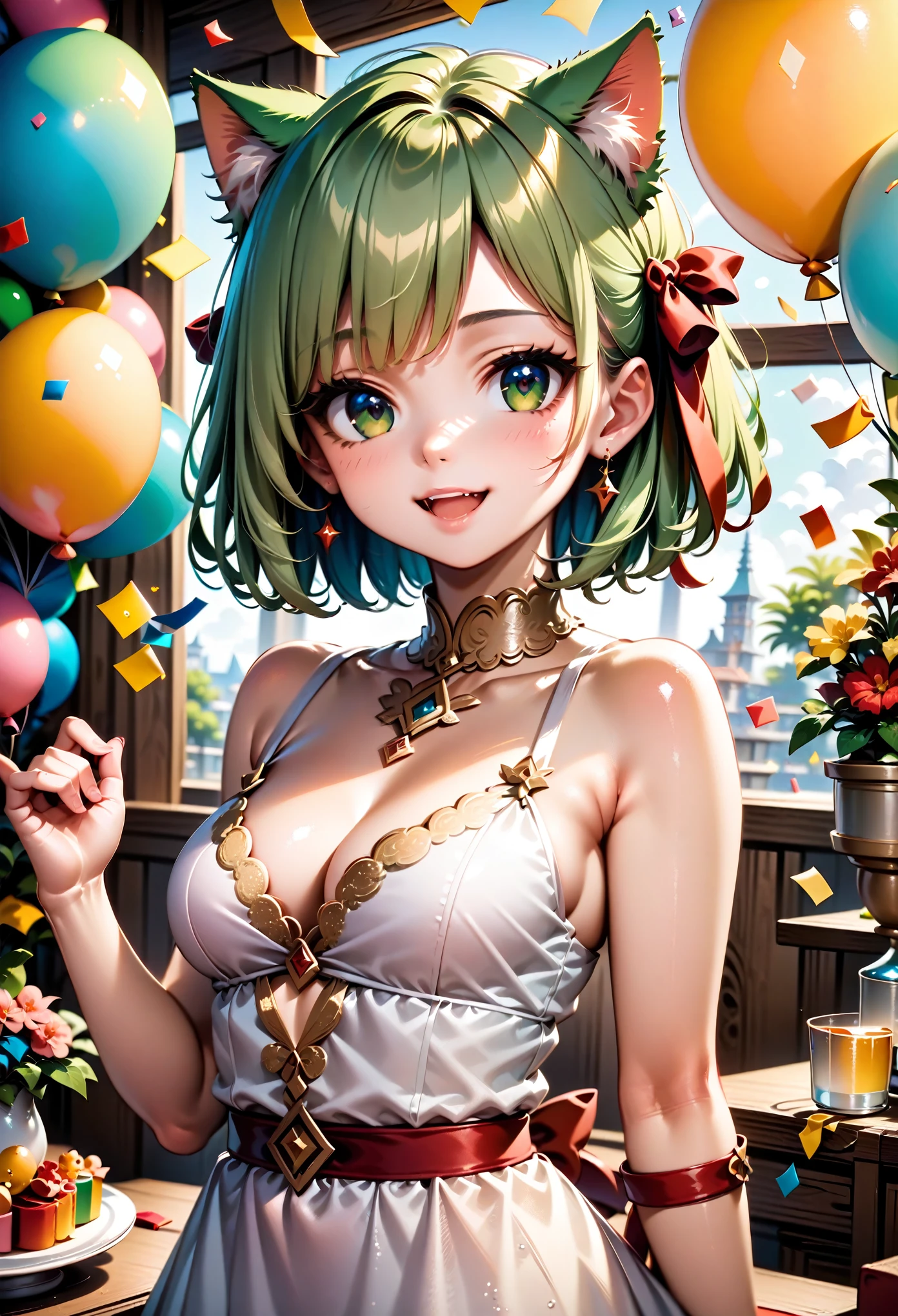 1 cat girl, emerald eyes, cat tail, cat ears, light green hair, short hair, smile, open mouth, cute, medium breasts, bare shoulders, red ribbon, (hair ribbon:1.1), dress, confetti, party, indoors, balloon, gorgeous, glitter, sharp focus, looking at viewer, upper body, (intricate:1.1), (light green tone:1.1), (light brown tone:0.9), (light green atmosphere:1.1), llustration, anime coloring, high contrast, BREAK (masterpiece:1.2), (best quality:1.2), (very aesthetic:1.2), (absurdres:1.2), (detailed background), newest, ai-generated, (intricate details:1.2),