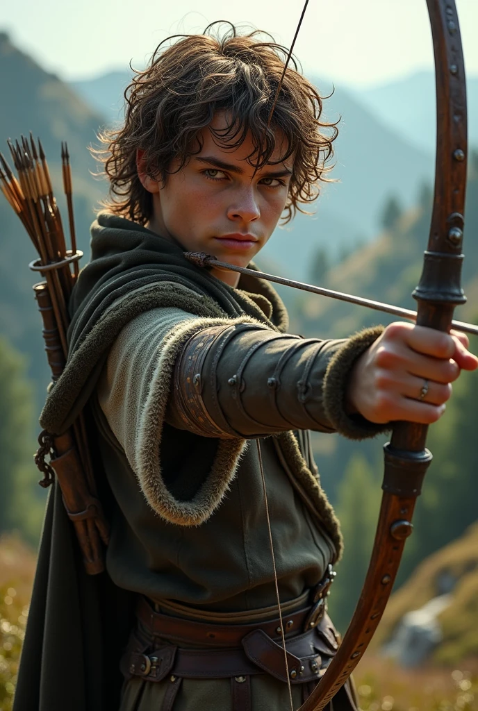 A young archer boy from (18-years old) curled hair, bad beard. With his bow and Lord of the Rings style clothes
