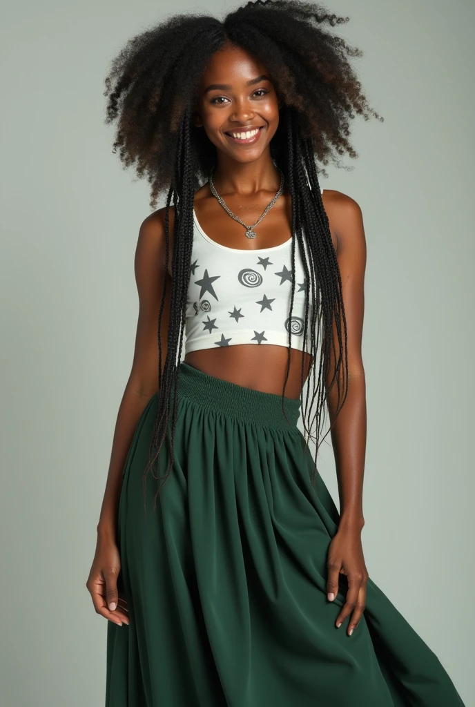 a real image of a young black woman with long afro braids, with freckles on her face and a friendly smile, with silver necklace, a dark green flowing midi skirt, white crop top with gray star and spiral designs on it, and a moss green lolita shoe, fully body